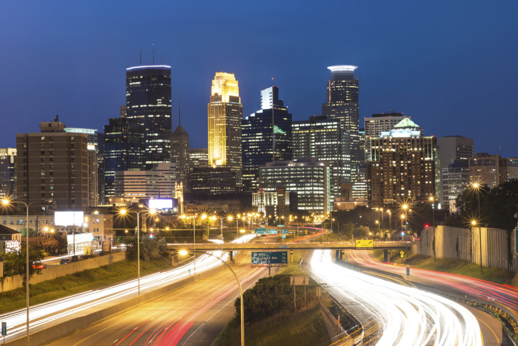Minneapolis Skyline with Car Light Trails at Night